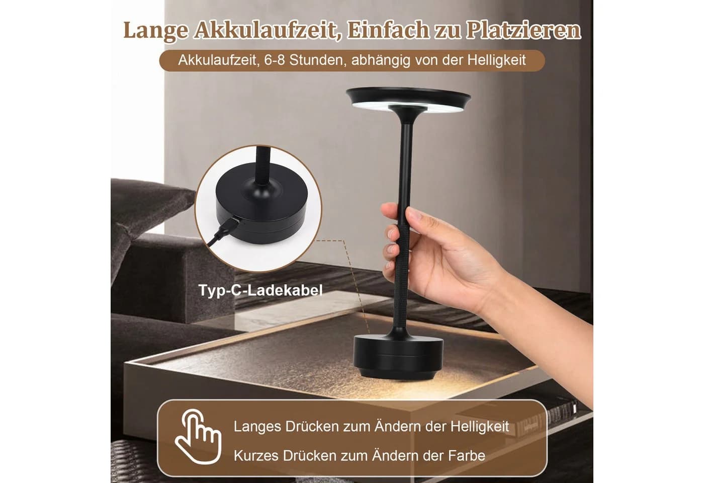 Rosnek LED Tischleuchte Kabellos Dimmbar Schwarz