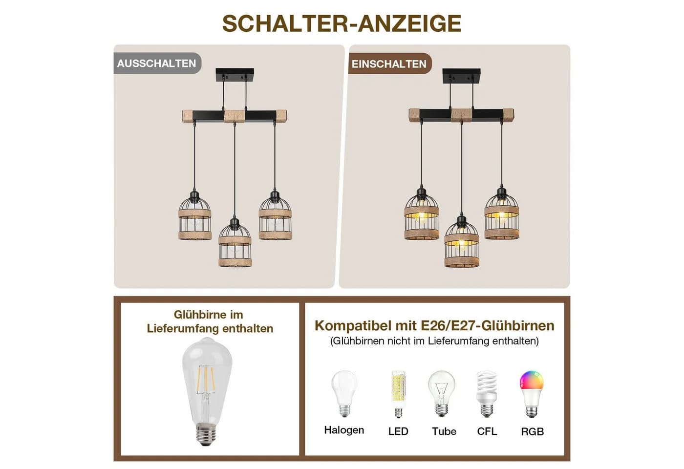 Rosnek 3-flammige LED Pendelleuchte Rattan Eisen Landhausstil warmweiß