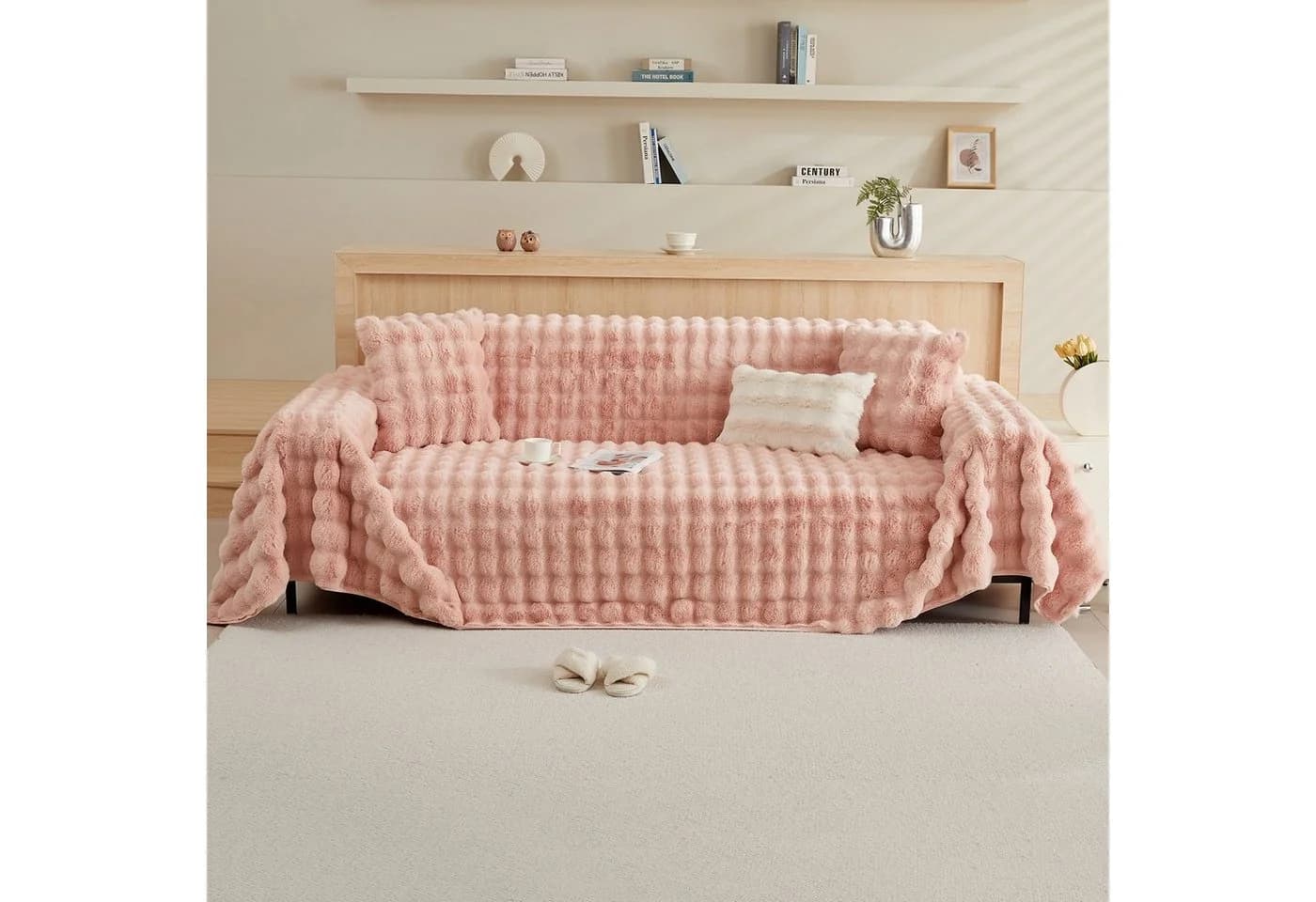 Sunicol Sofabezug Plüsch Rosa Superweiche Couchbezug Antirutsch