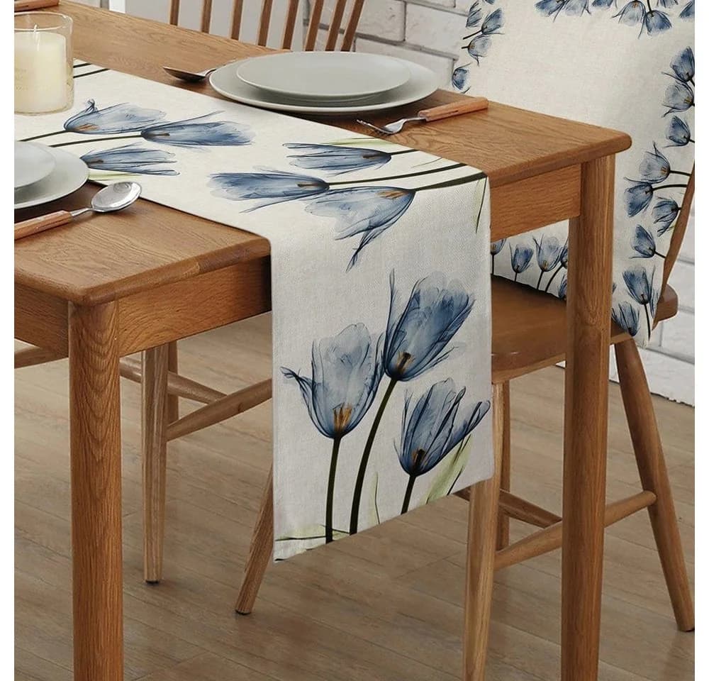 FELIXLEO Tischläufer Blau Floral Leinen 33x180cm