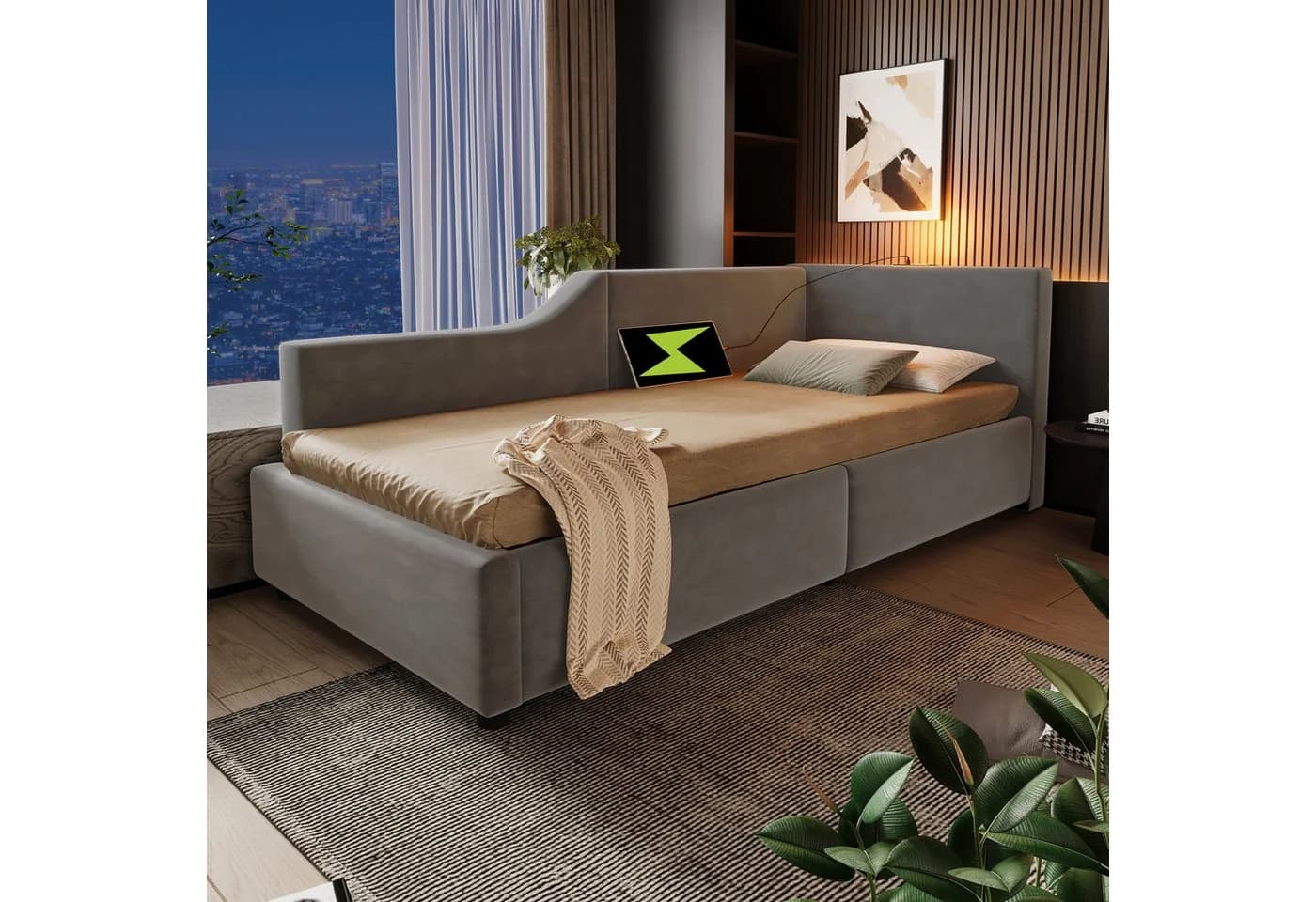 Odikalo Schlafsofa mit Stauraum, USB-C & Leselicht Grau Samt