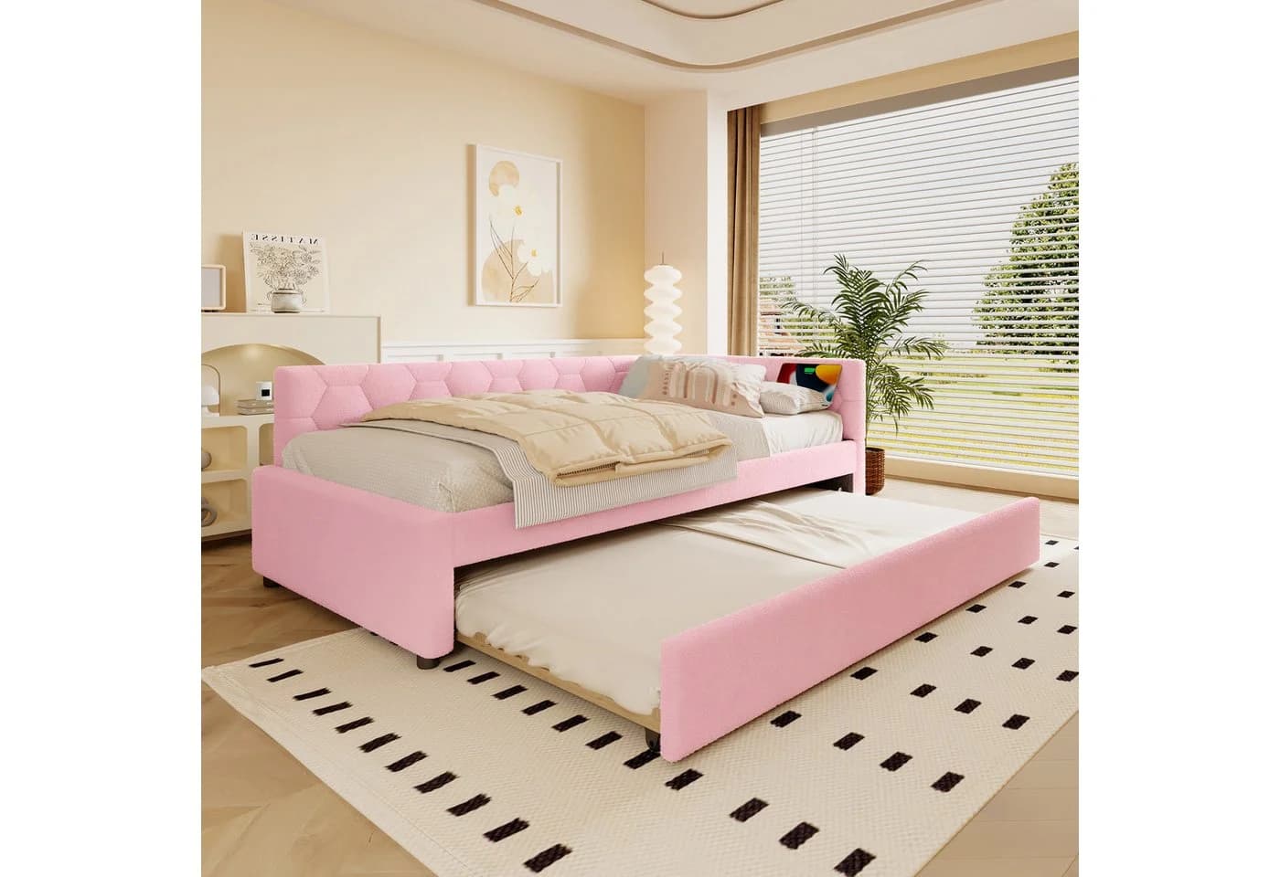 Odikalo Ausziehbett Daybett mit USB & Lampe Weiß/Rosa