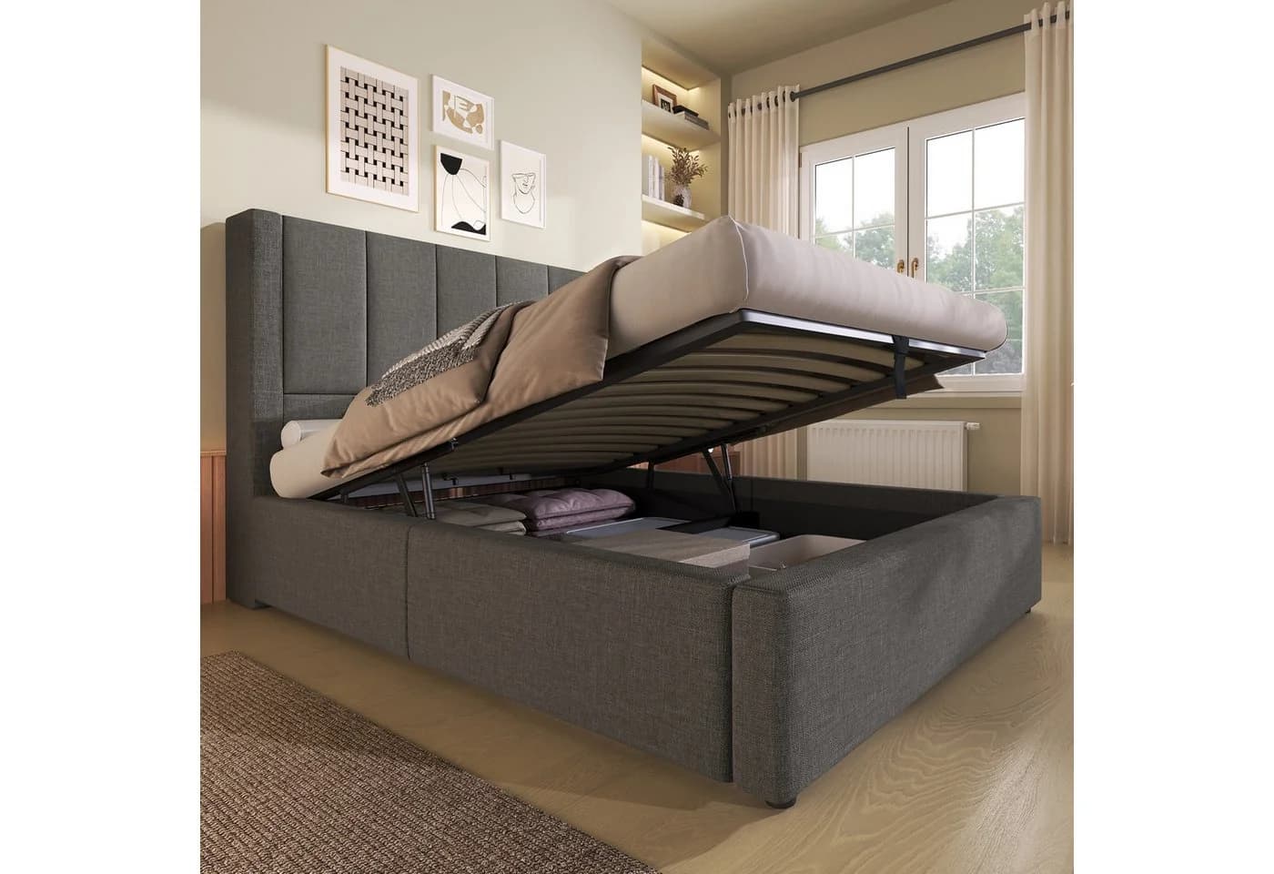 Odikalo Polsterbett mit Bettkasten & Ladestation Leinen Beige