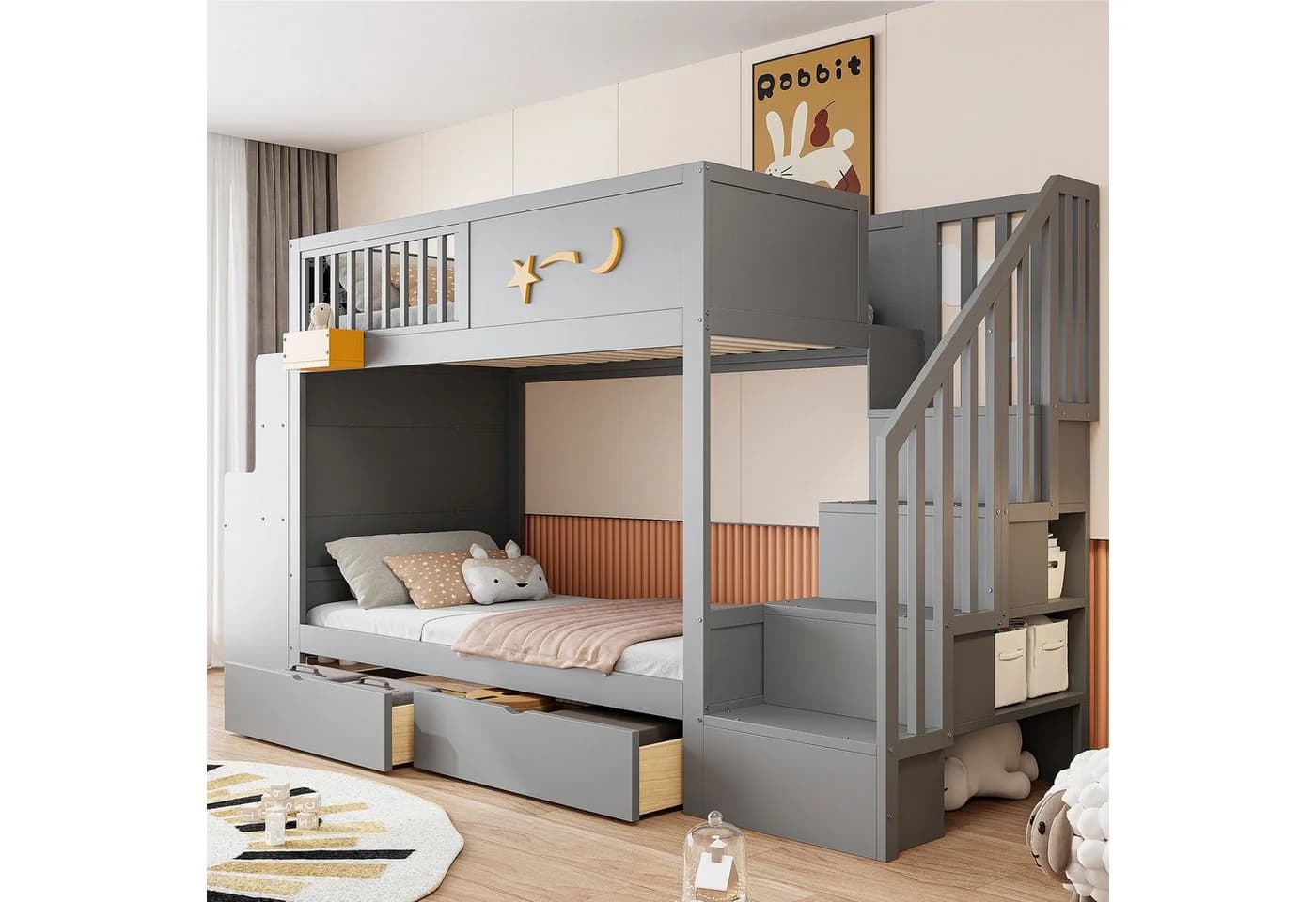 Odikalo Etagenbett 90x200 mit Schreibtisch & Stauraum Kiefernholz