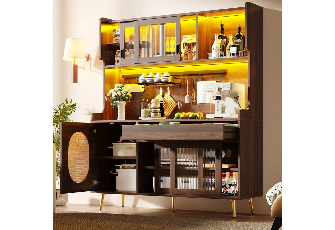 Odikalo Küchenbuffet Landhausstil mit LED und Fluted Glas