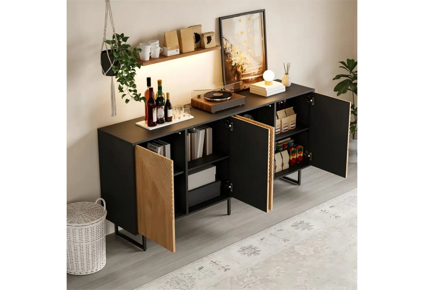 Odikalo Sideboard 160cm 4 Türen Naturholz-Schwarz Vakuumgeformt