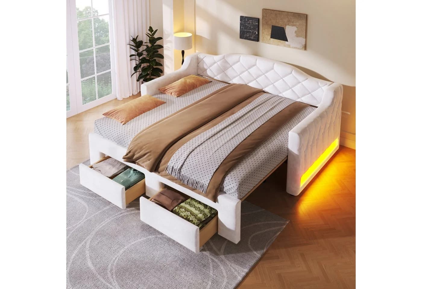 Odikalo Schlafsofa mit Ausziehbett & LED, Samt-Tagesbett Grau/Weiß