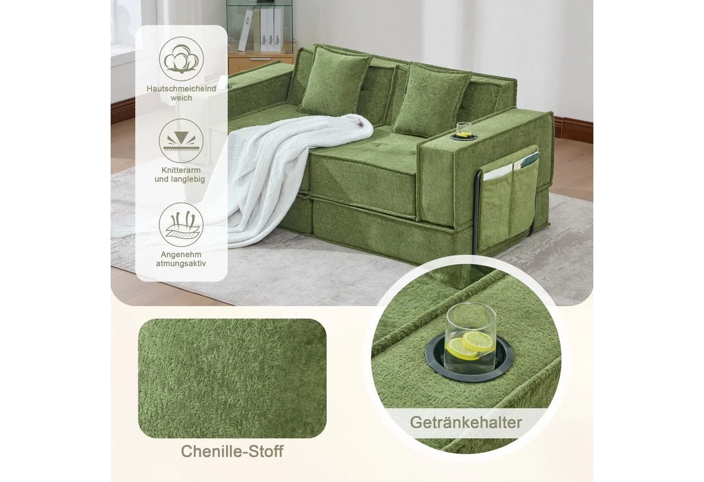 Odikalo 2-Sitzer Schlafsofa Grün mit Schlaffunktion & Stauraum
