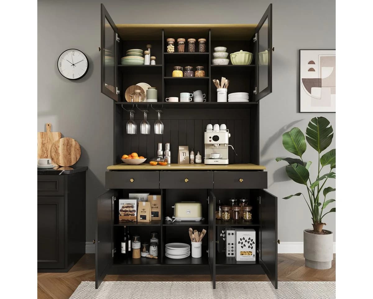 Odikalo Buffetschrank Schwarz mit USB, Glastüren & Gläserhalter