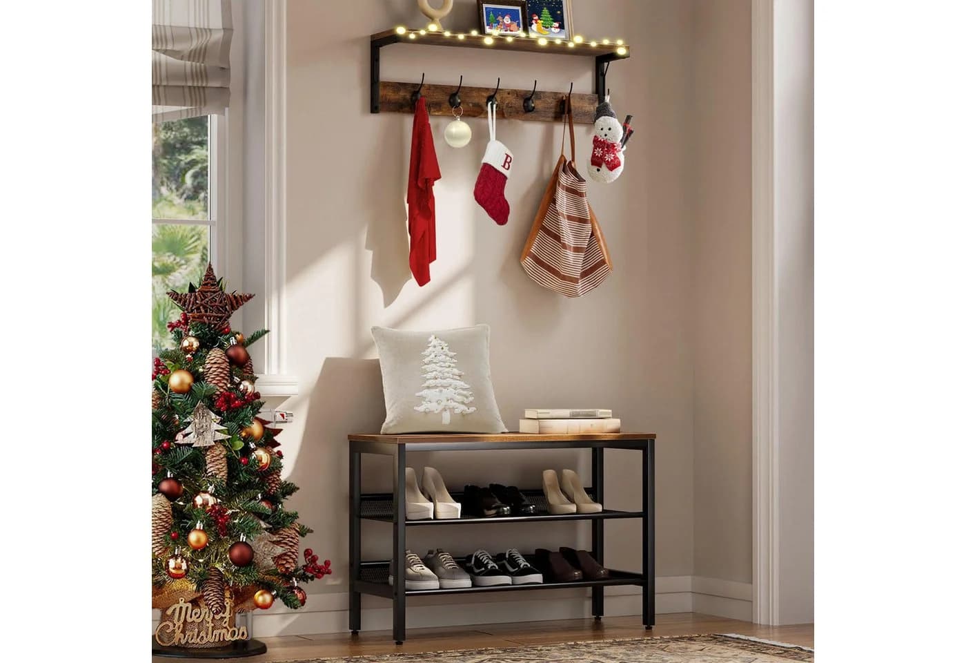 Hoobro Wandgarderobe Wandregal mit 7 Haken und Ablage