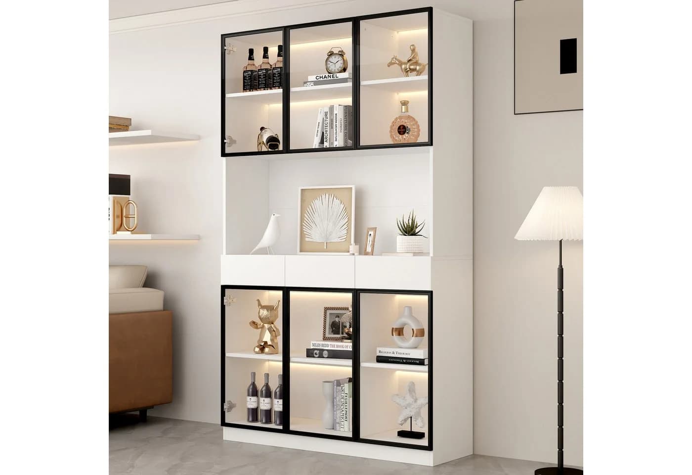 Odikalo Vitrine Schrank 200 cm hoch Multi Storage Bücherregal Weiß