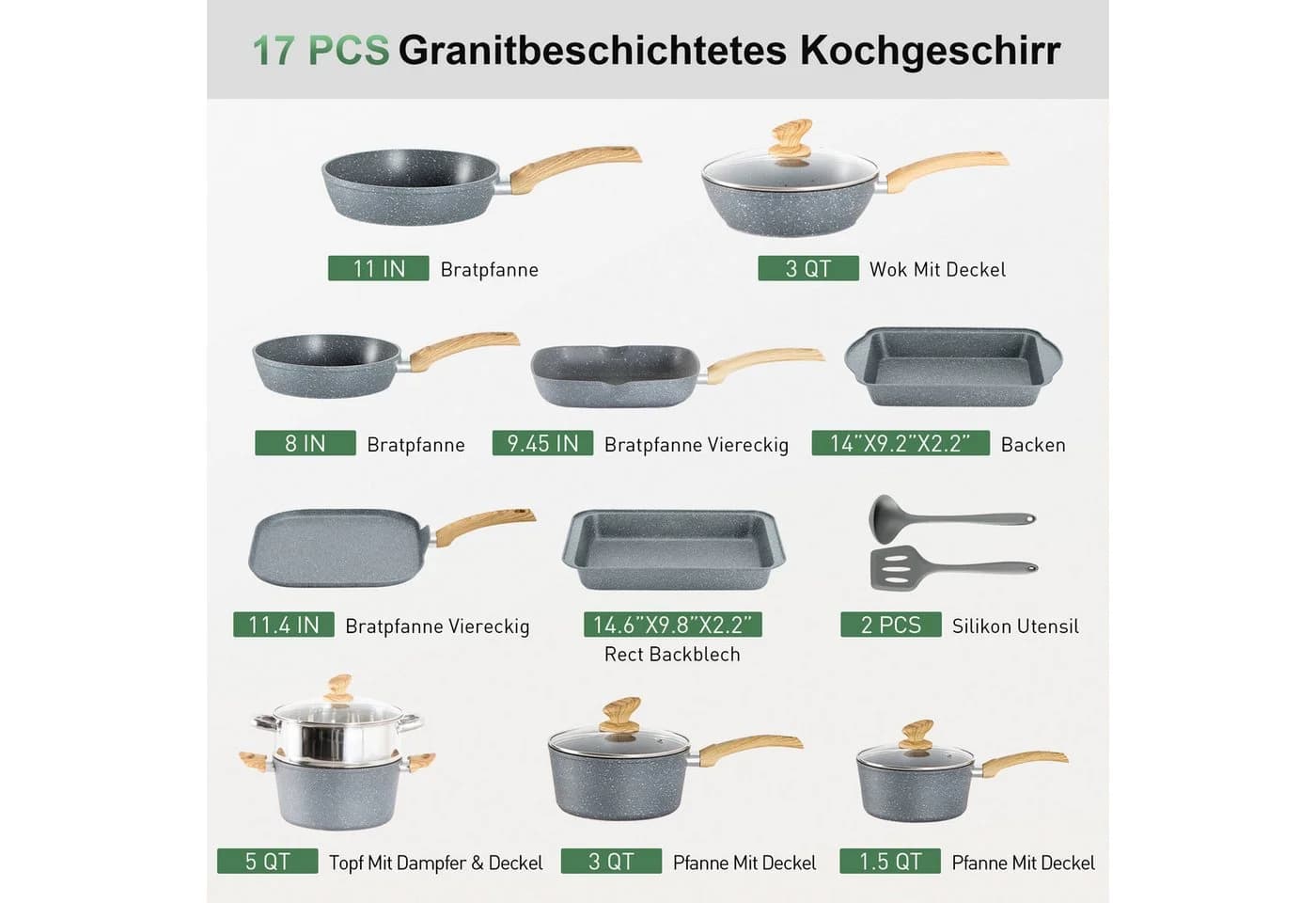 Kitchen Academy 17-tlg. Topf-Set Aluminium Granit Induktion Grau