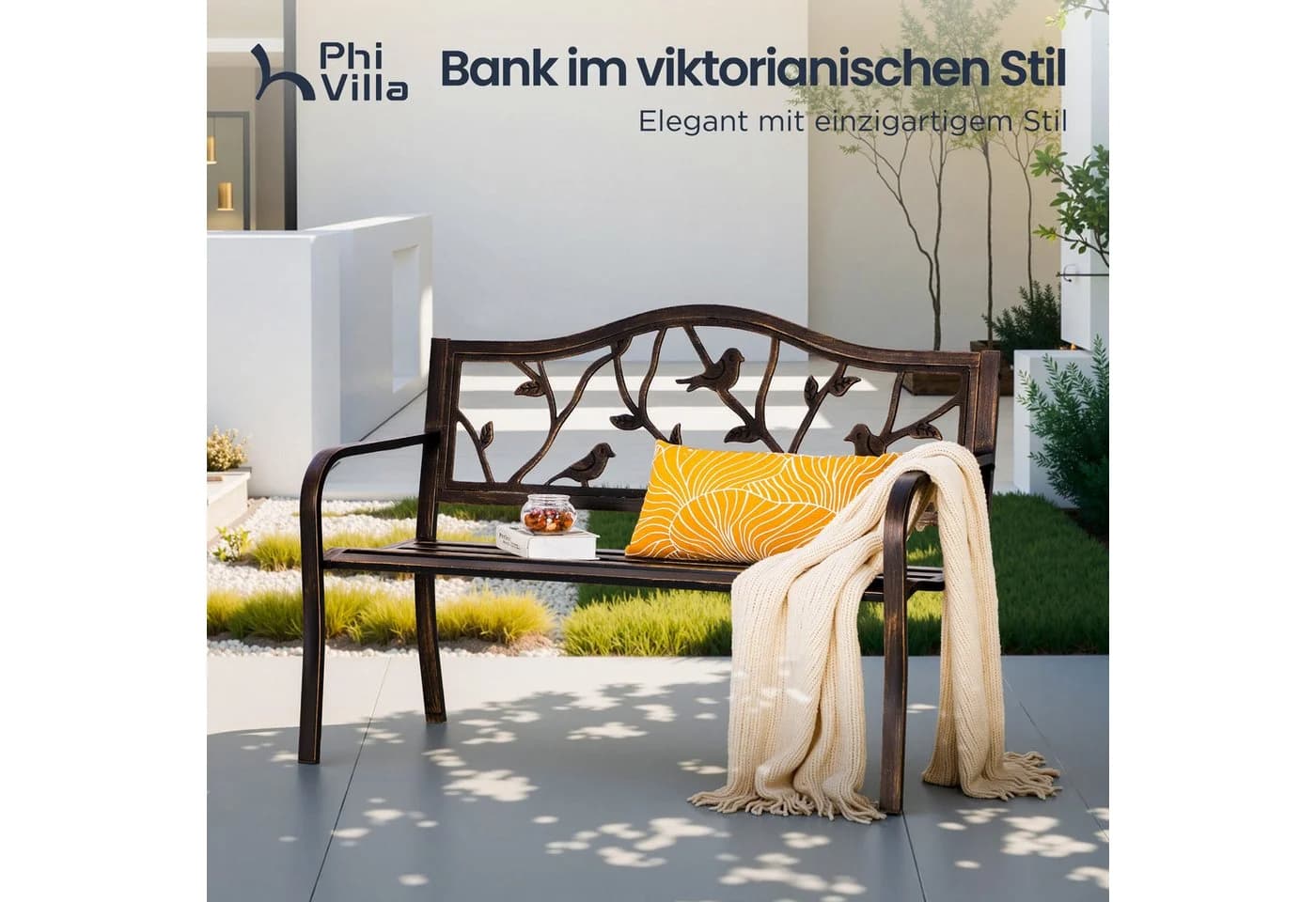 PHI VILLA Gartenbank Metall Bronze mit Gusseisen-Rückenlehne