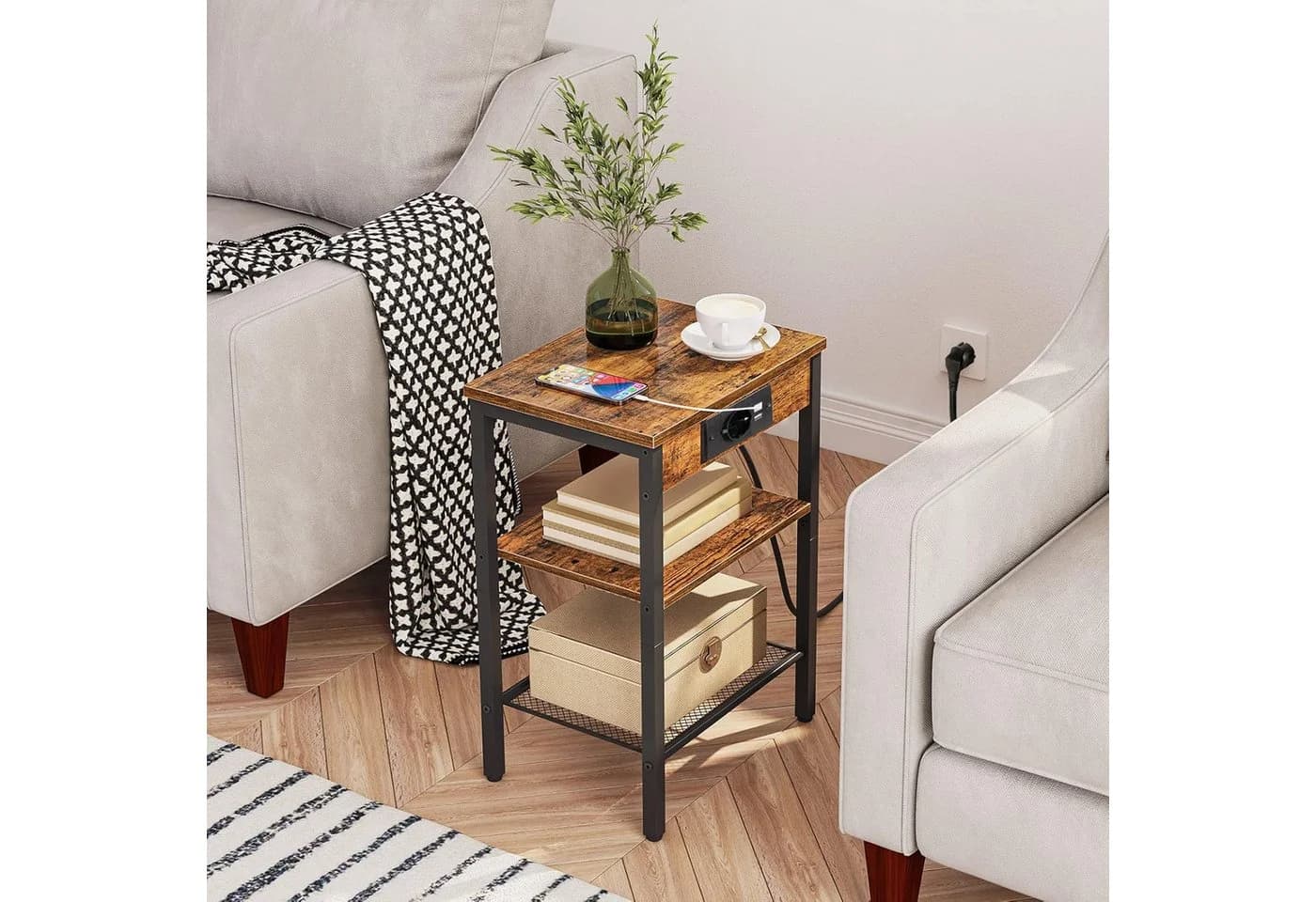 Hoobro Beistelltisch Industrial mit Ladestation & USB Vintagebraun-Schwarz