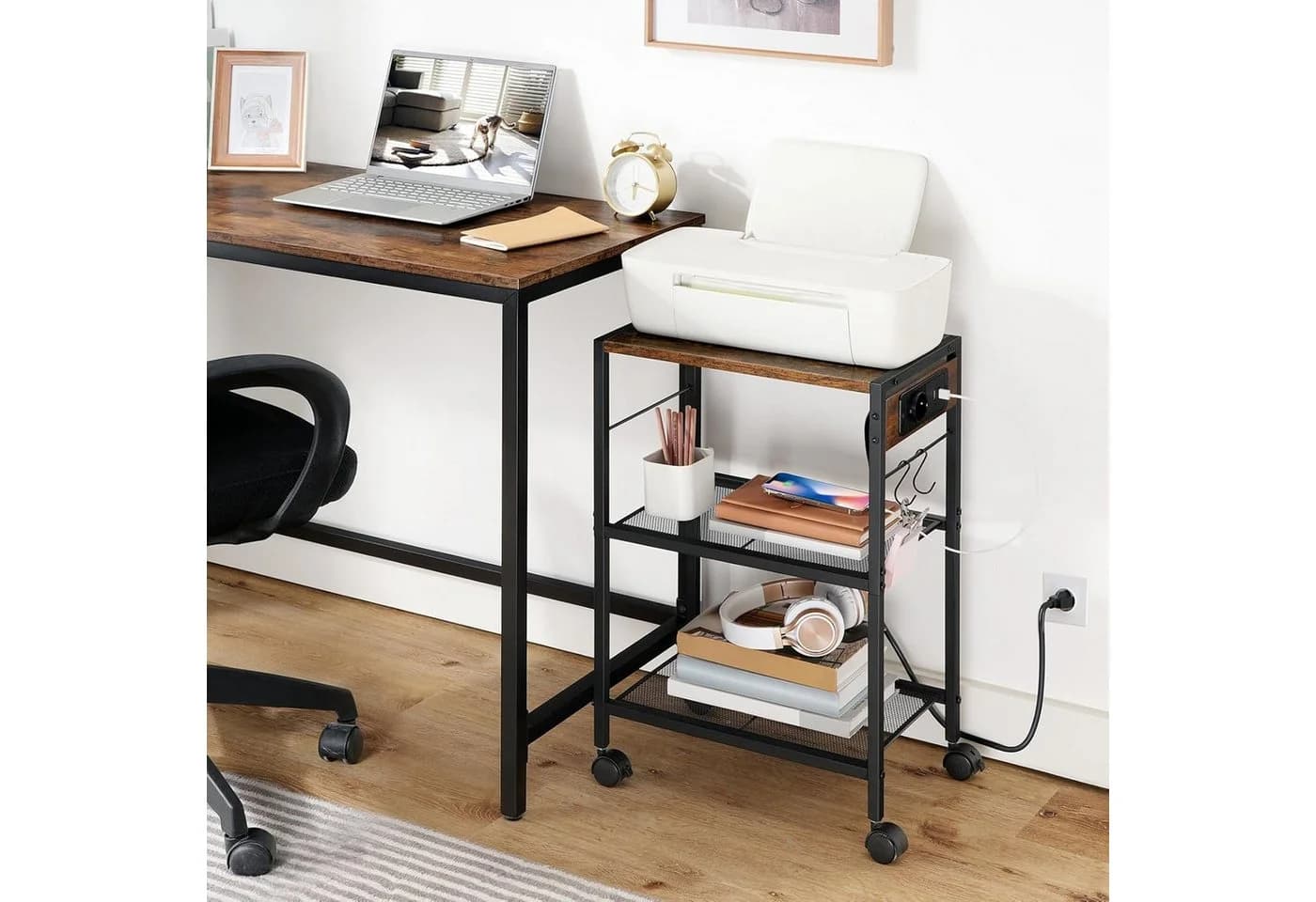 Hoobro Beistelltisch mit Ladestation Vintagebraun/Schwarz