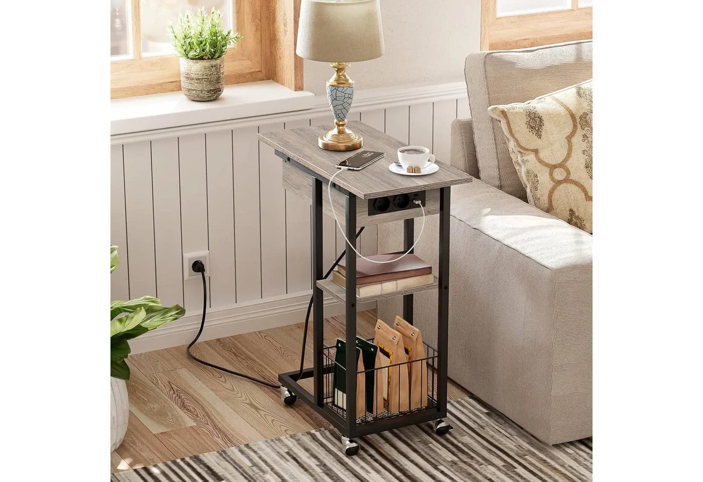 Hoobro Beistelltisch mit USB-Ladestation & Rollen