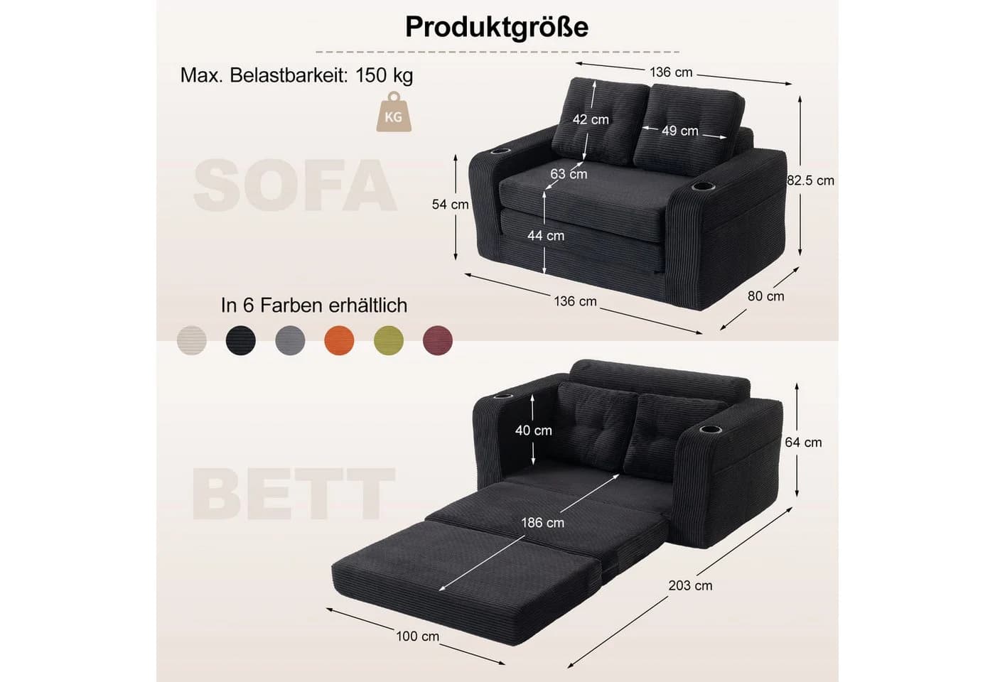 GLP Schlafsofa 2-Sitzer Schwarz Cord mit Getränkehaltern