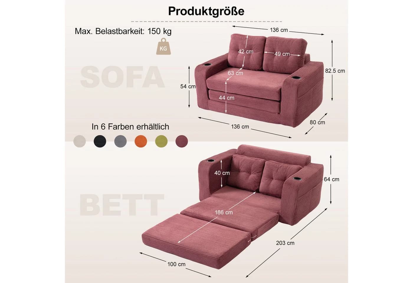 GLP Schlafsofa 2-Sitzer Weinrot mit Getränkehaltern