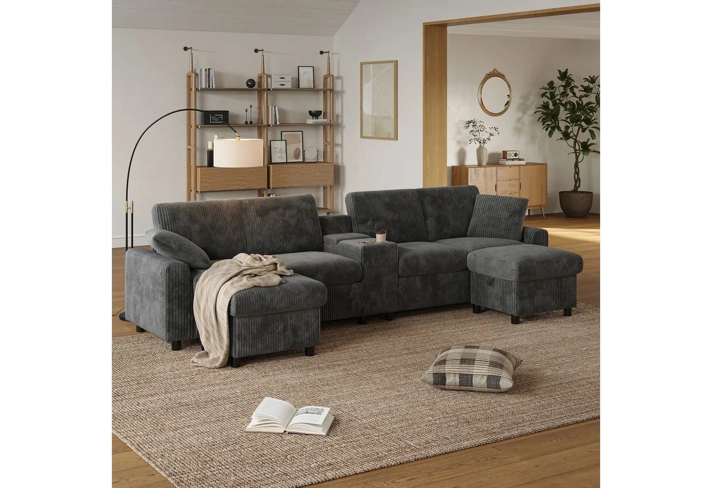 LANKI U-Form Wohnlandschaft mit Hockern, Stauraum & USB-Ladestation