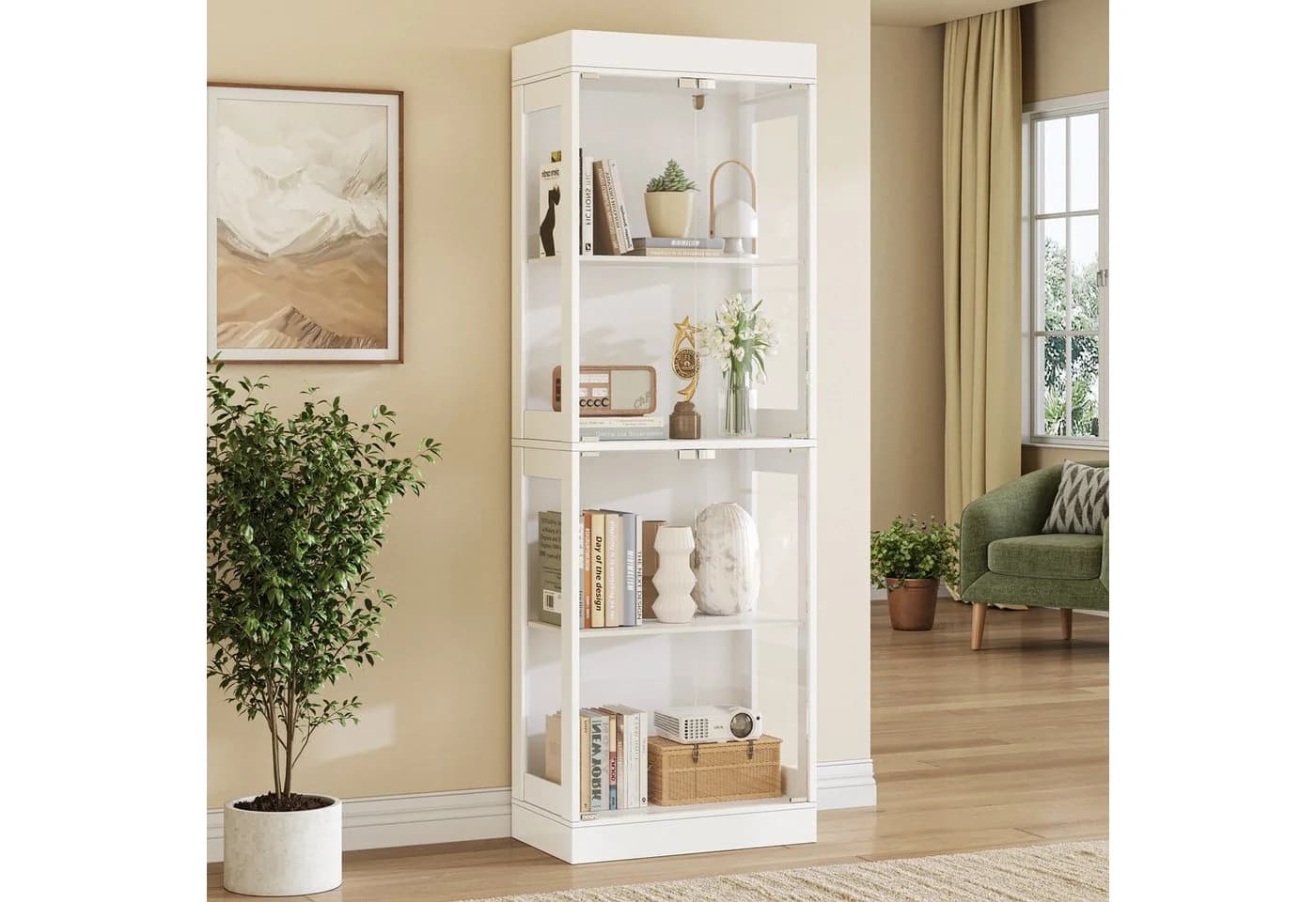 SVEYLXA Vitrine Beleuchtete LED Vitrine mit Glastüren & Regalen in Weiß