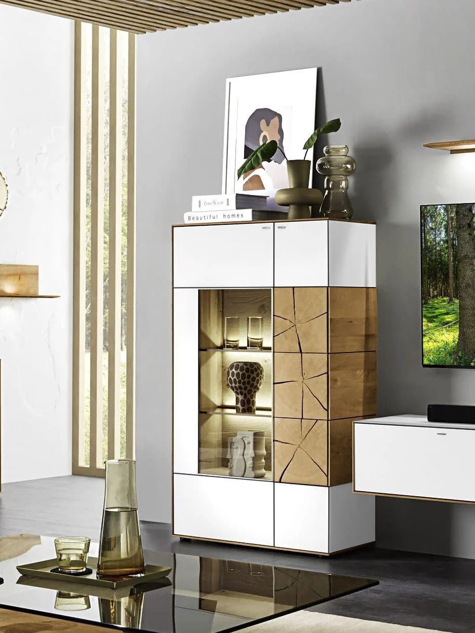 Highboard hartmann HEAVEN Massivholz Eiche Mattglas weiß