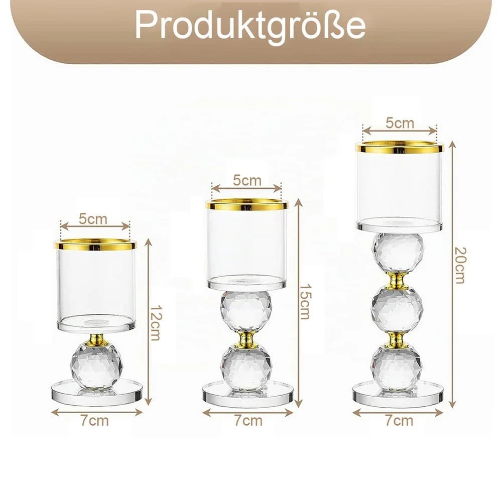 AFKSMILE Kerzenhalter 3er Set Glas mit Kristallkugeln Gold/Transparent