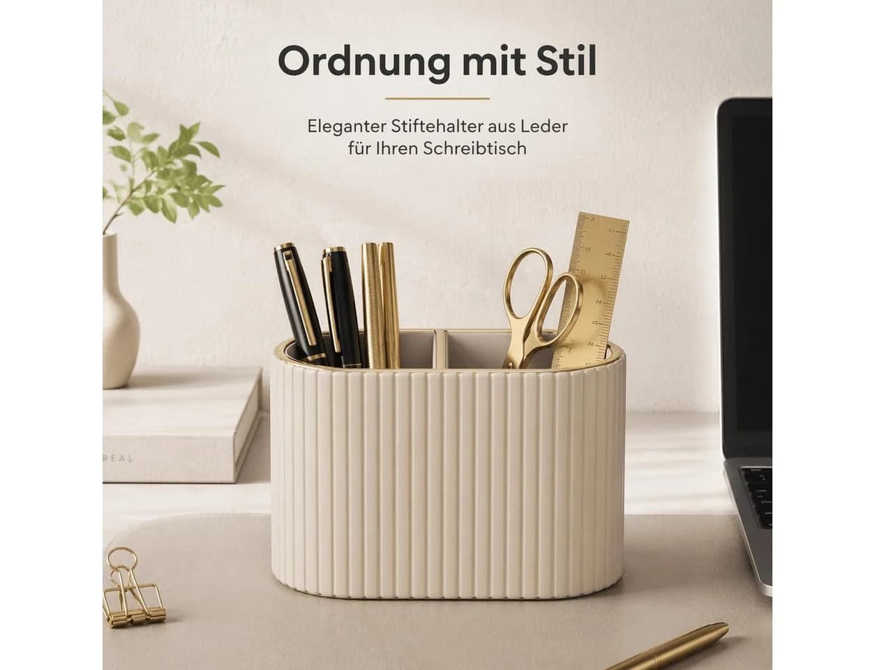FELIXLEO Stiftehalter Organizer Oval Beige PU-Leder 2 Fächer