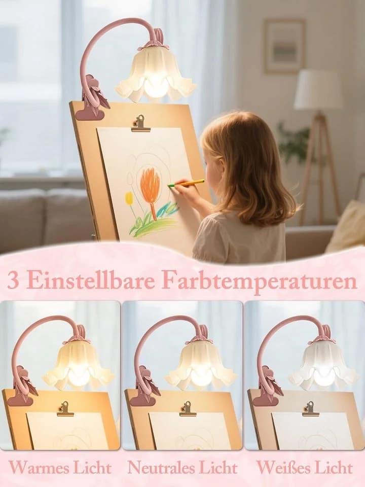 FELIXLEO LED Schreibtischlampe mit Clip, rosa Blume, USB, Klemmlampe