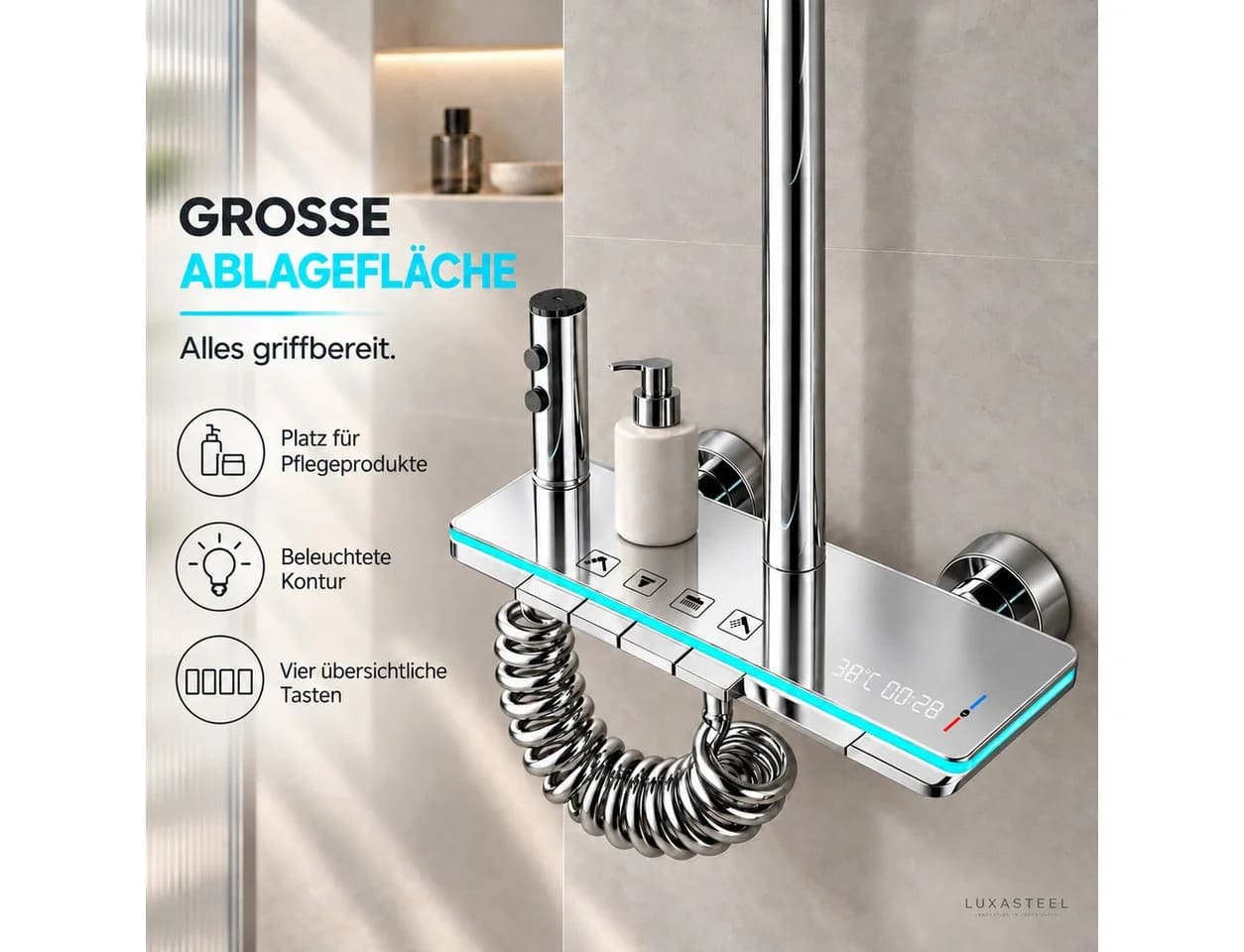 LuxaSteel Duschsystem Chrom mit Regendusche, LED und Temperaturanzeige