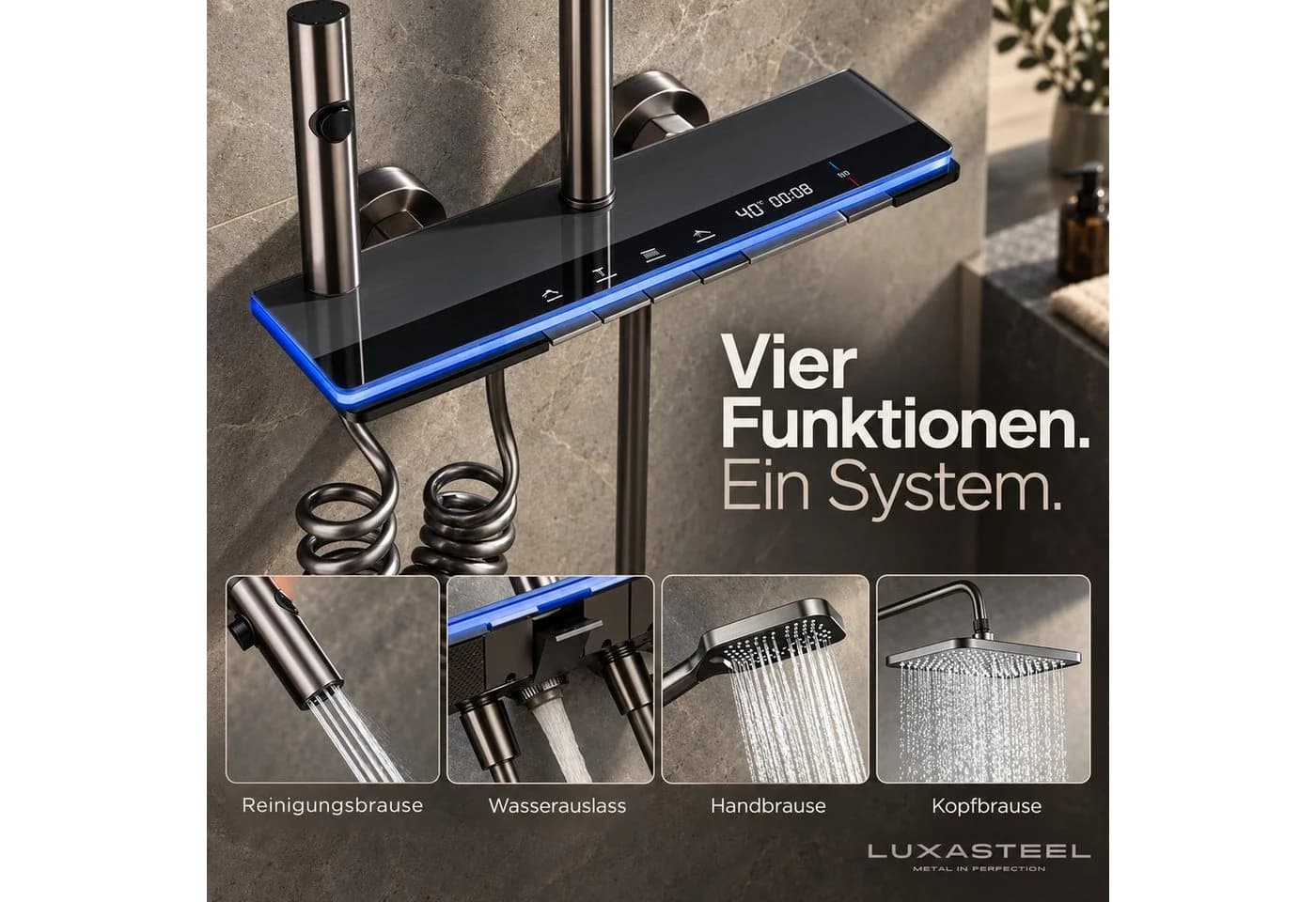 LuxaSteel Duscharmatur Duschsystem mit LED-Display & Wasserkraft Grau