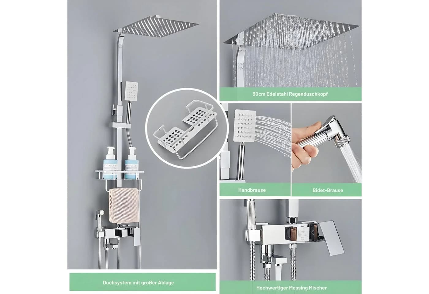 LuxaSteel Duschsystem mit Regendusche, 2 Handbrausen & Ablage