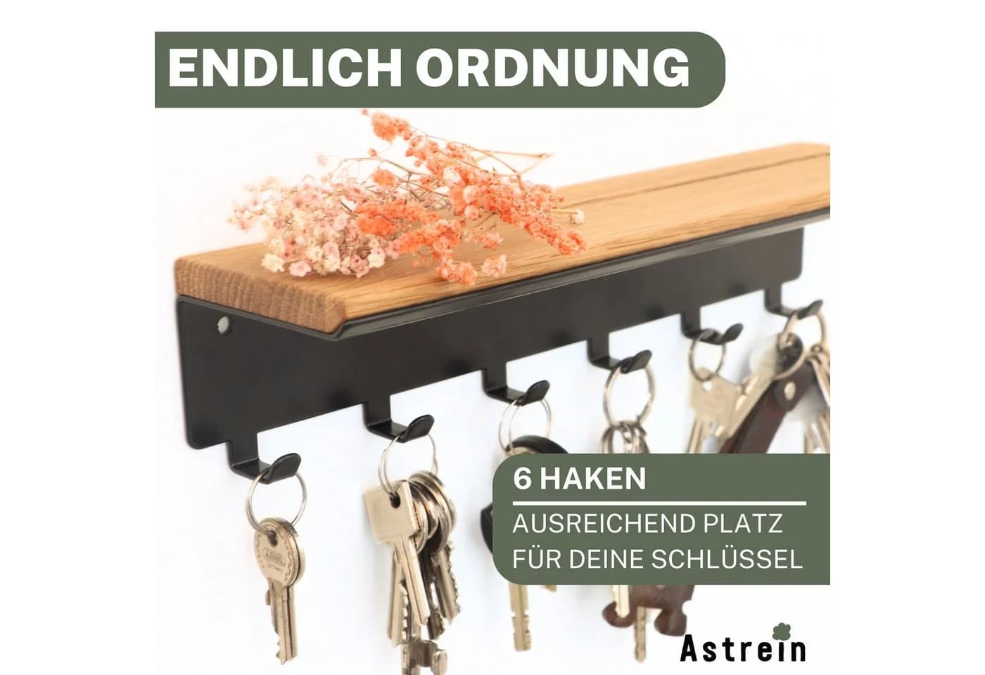 Schlüsselbrett mit Haken & Ablage, Eiche & Schwarz Metall