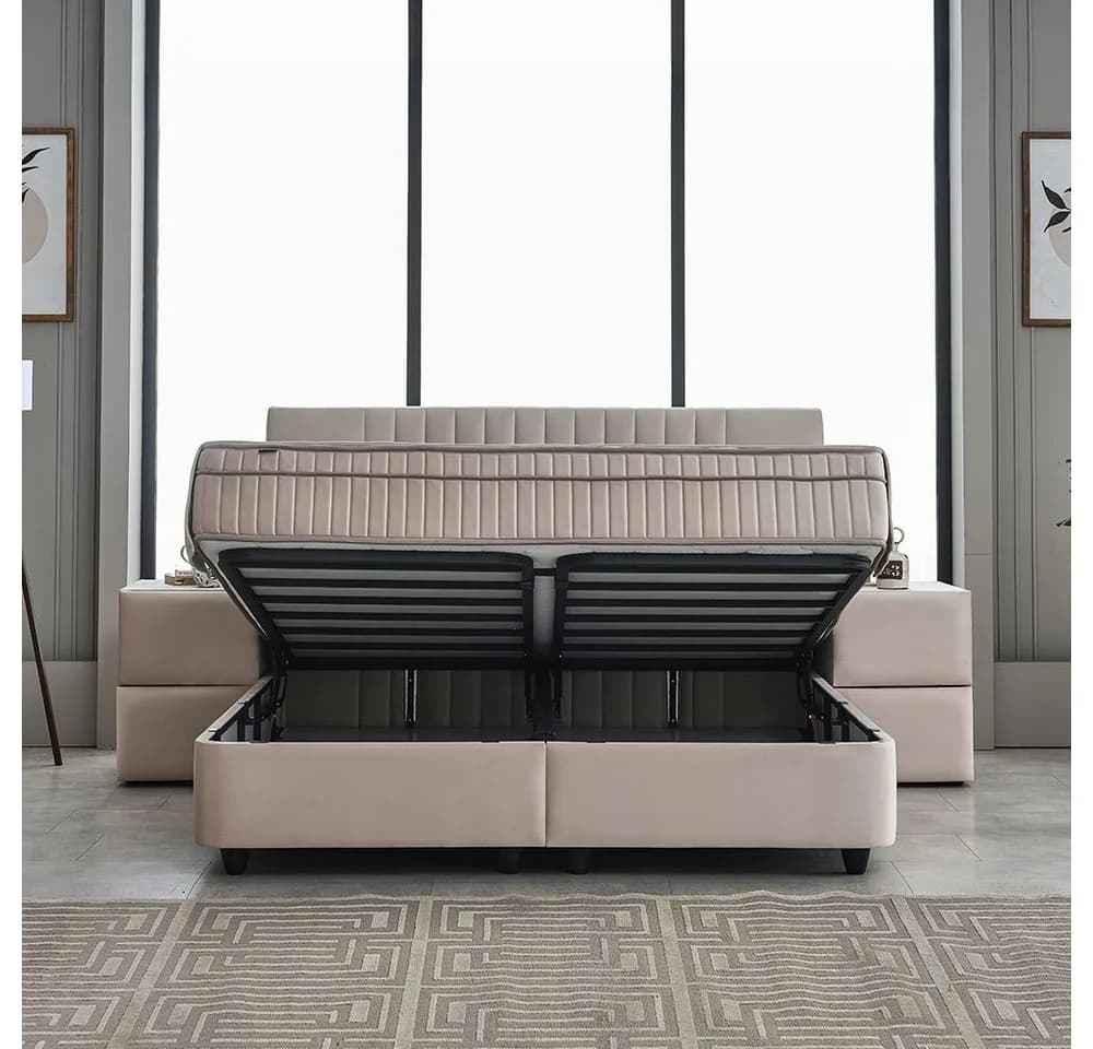 ABC Bedding Boxspringbett CLARA Braun Beige Samt mit Topper & Bettkasten