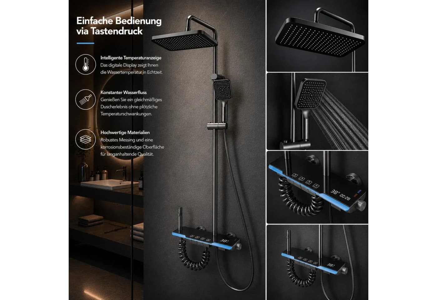 LuxaSteel Duschsystem Schwarz mit LED Display & Regendusche