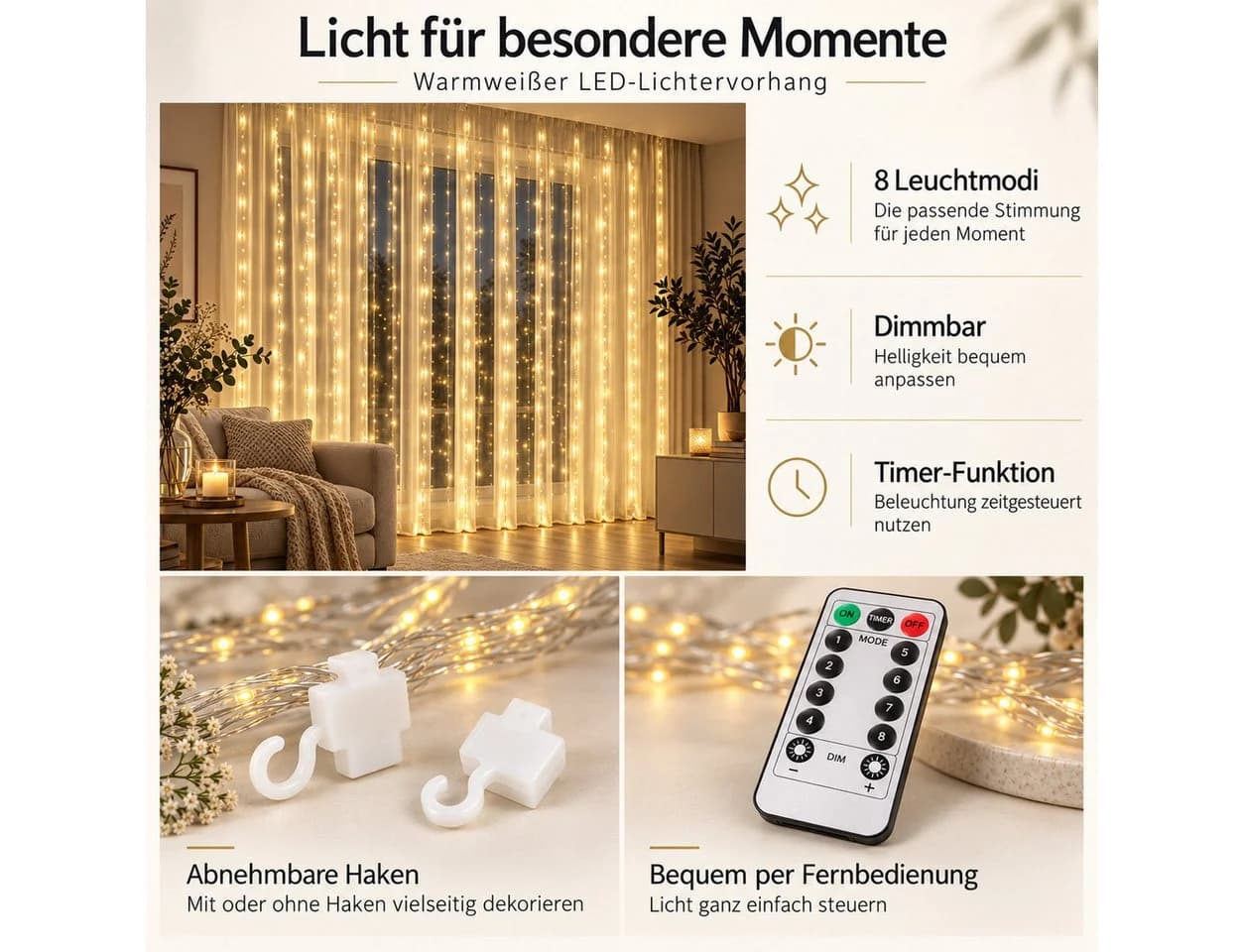 Norvéa Home LED-Lichterkette Lichtervorhang Warmweiß mit Fernbedienung