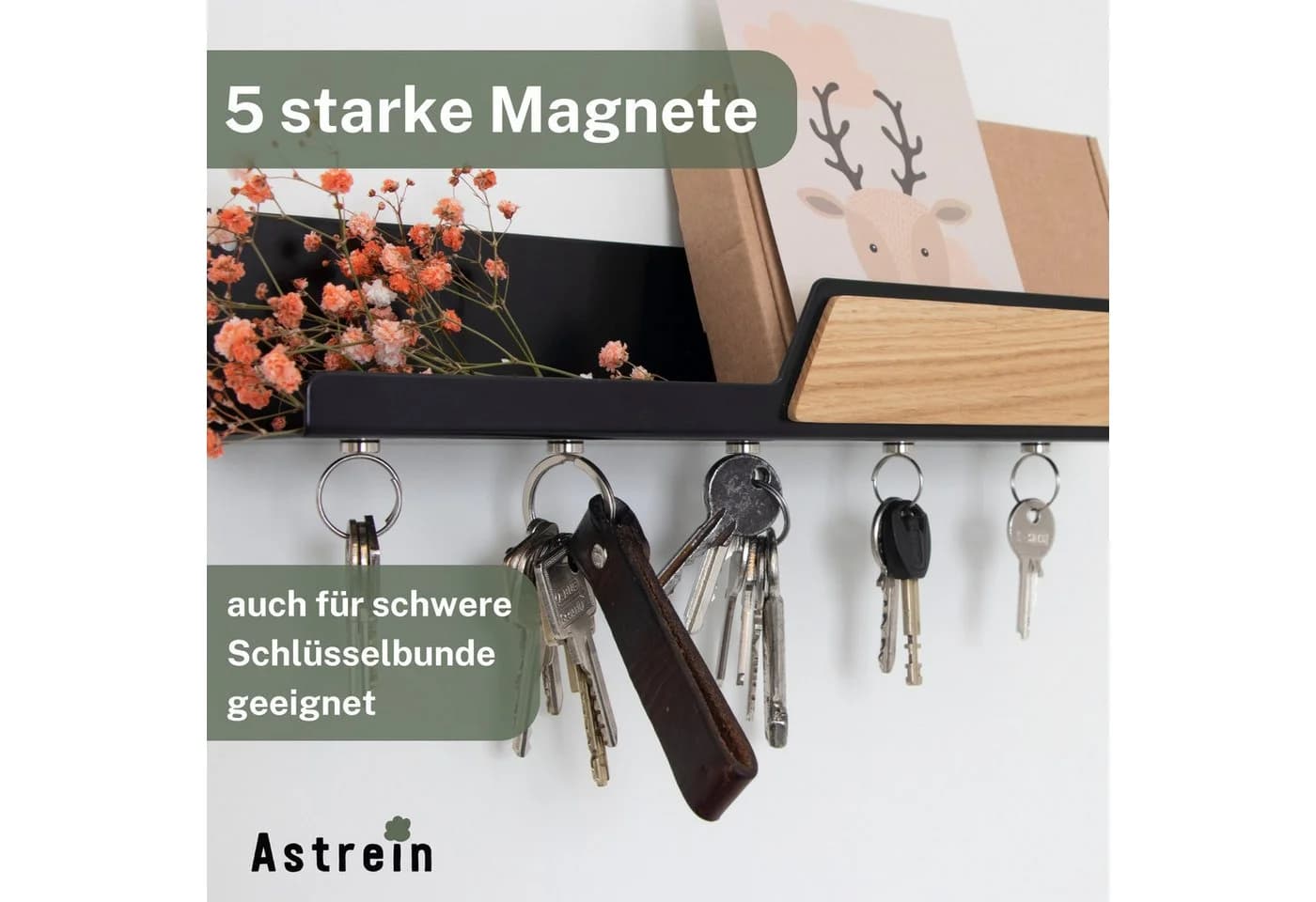 Astrein Magnetisches Schlüsselbrett Eiche Schwarz mit Ablage
