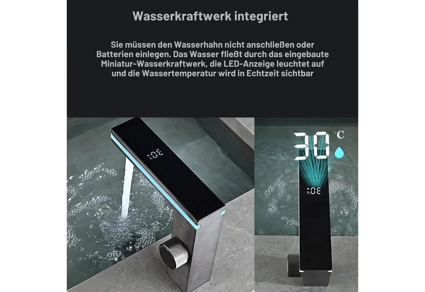 LuxaSteel Digital-Wasserhahn mit LED-Temperaturanzeige und Wasserkraft-Betrieb