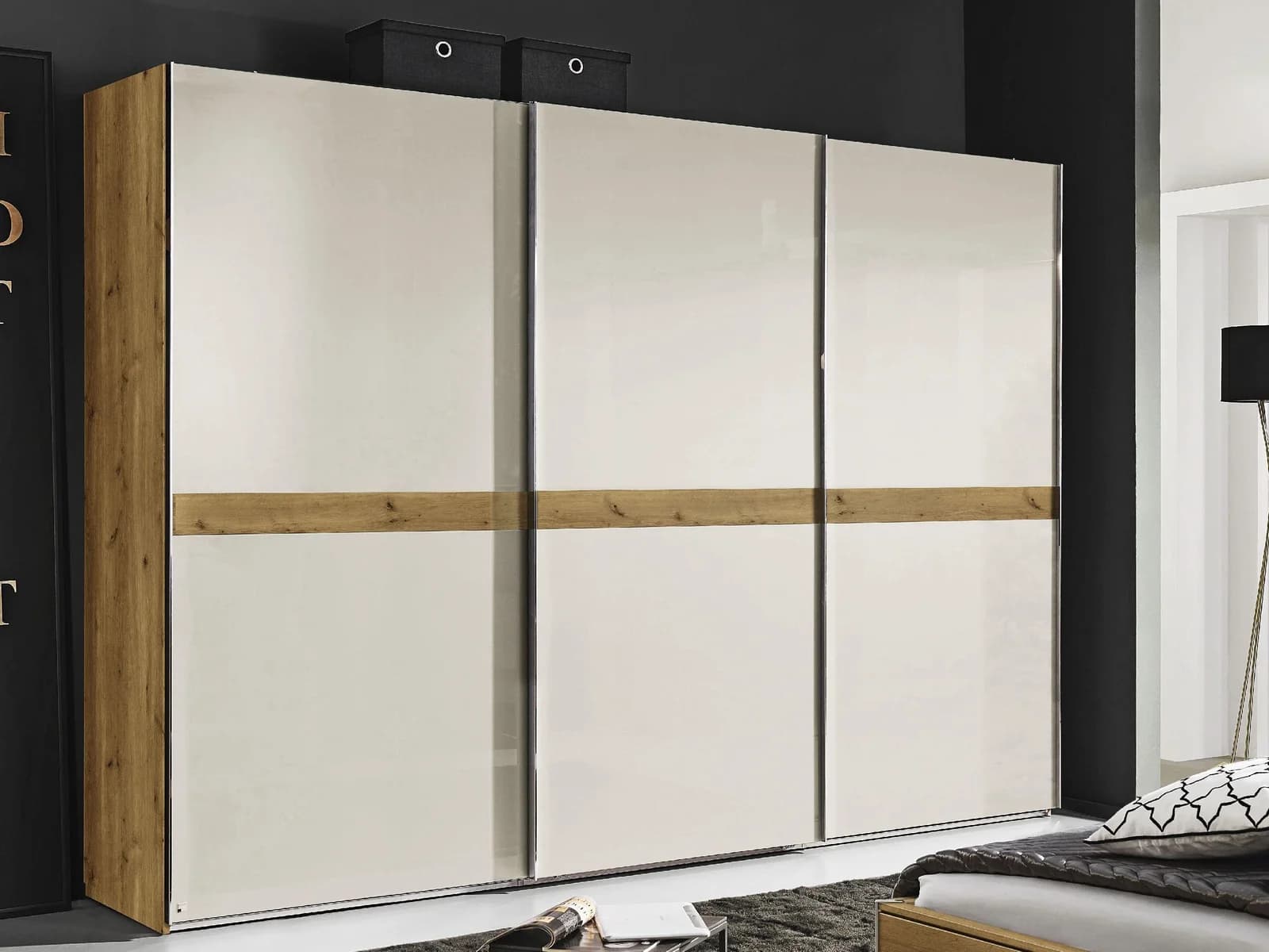 Kleiderschrank MONDO AJANA 3-Türer Glasfront Asteiche Dekor Beige