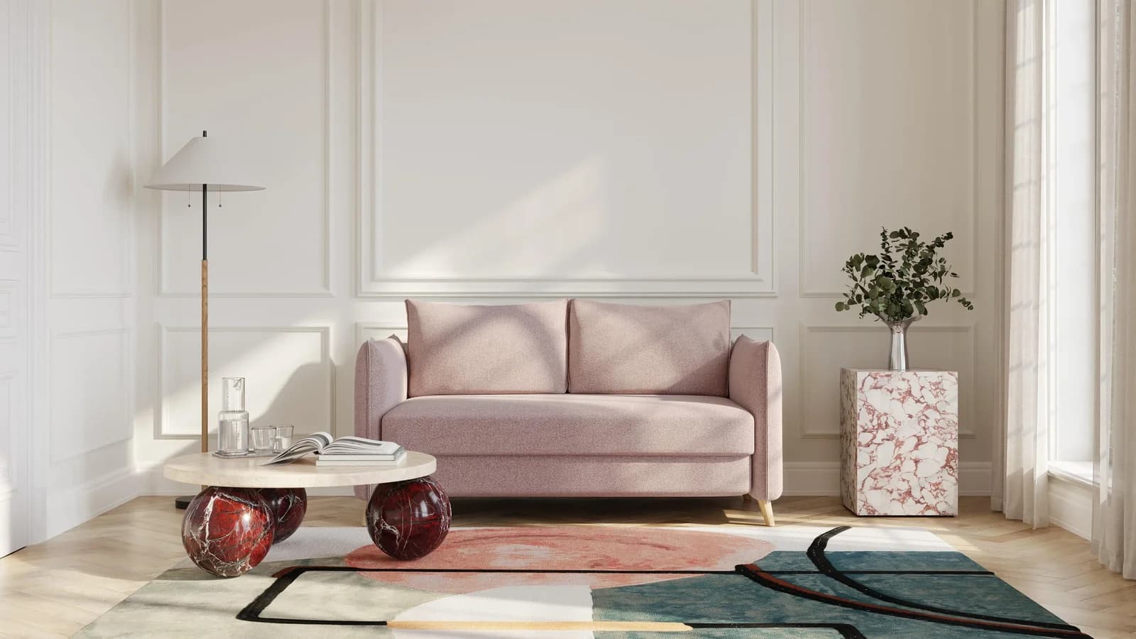 BRUNO Schlafsofa 140cm Pink Blush Rosa Boxspring & Massivholz