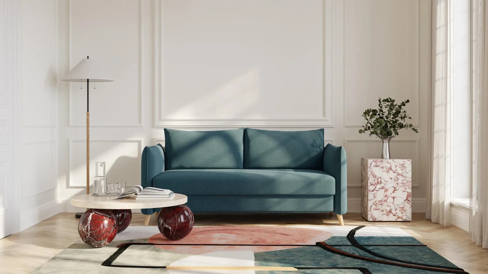 BRUNO Schlafsofa 160cm Petrol-Türkis Boxspring & Massivholz