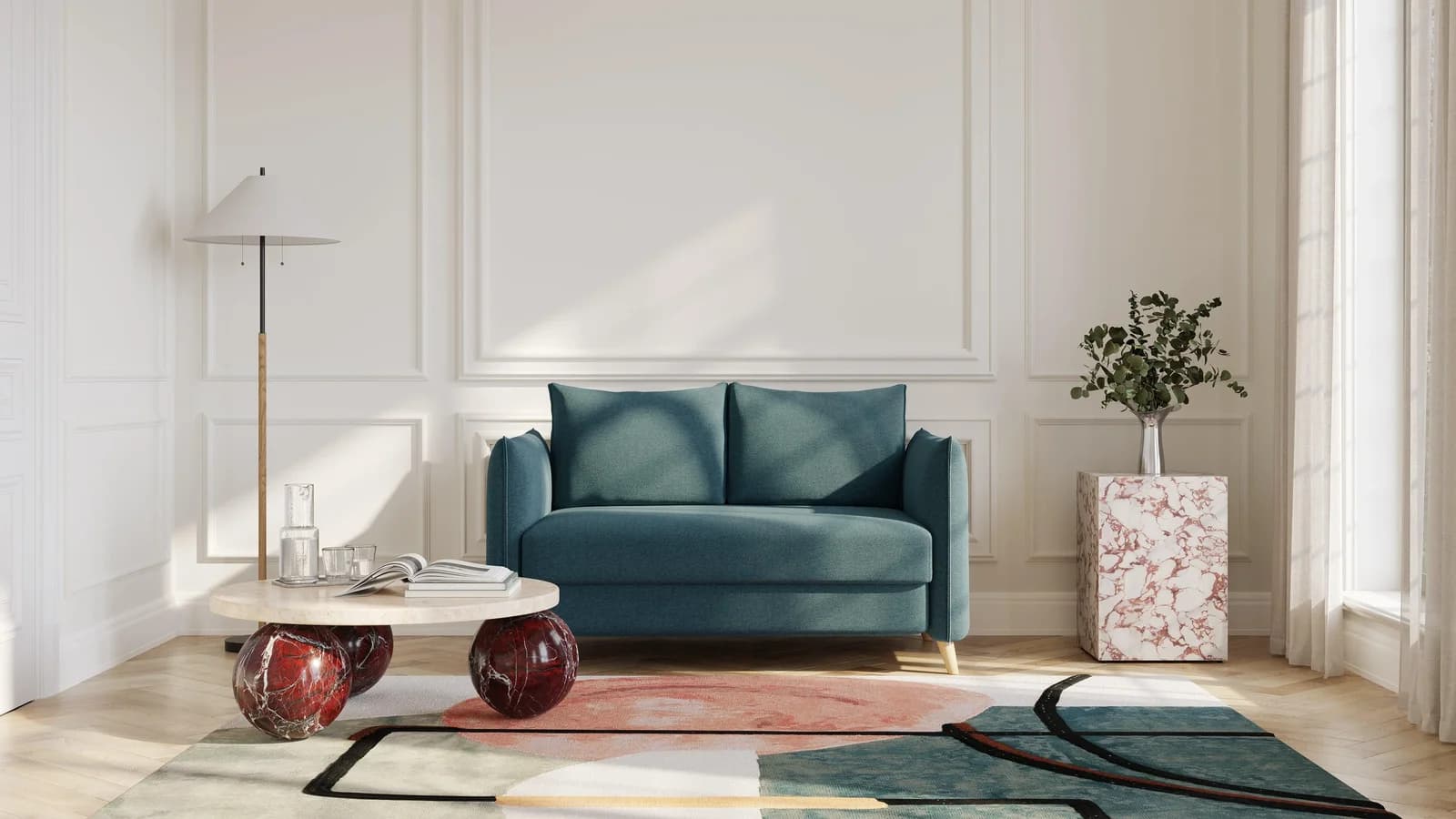 BRUNO Schlafsofa 120cm Petrol Türkis Boxspring & Massivholz
