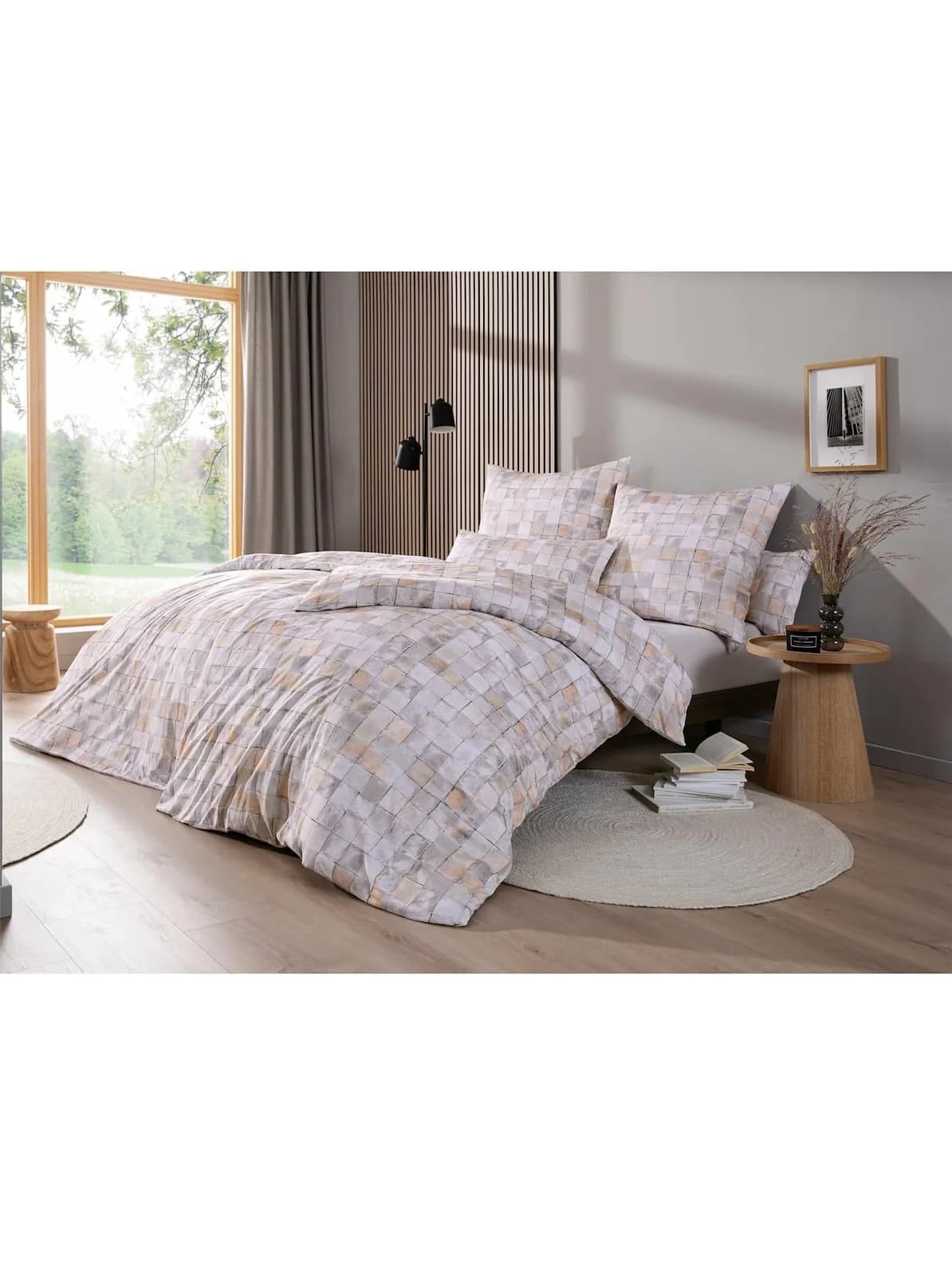 Estella Bettwäsche Set 2-tlg. Mako-Satin Karo Beige Apricot