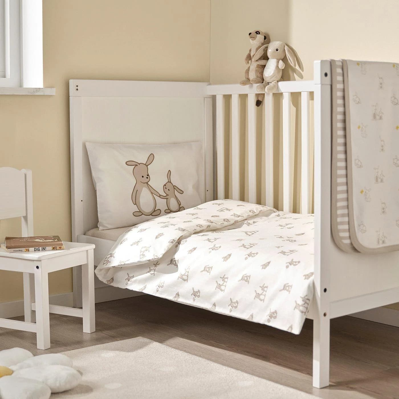 IKEA LEN Bettwäsche-Set für Babybett 2-teilig Beige/Weiß Kaninchenmuster