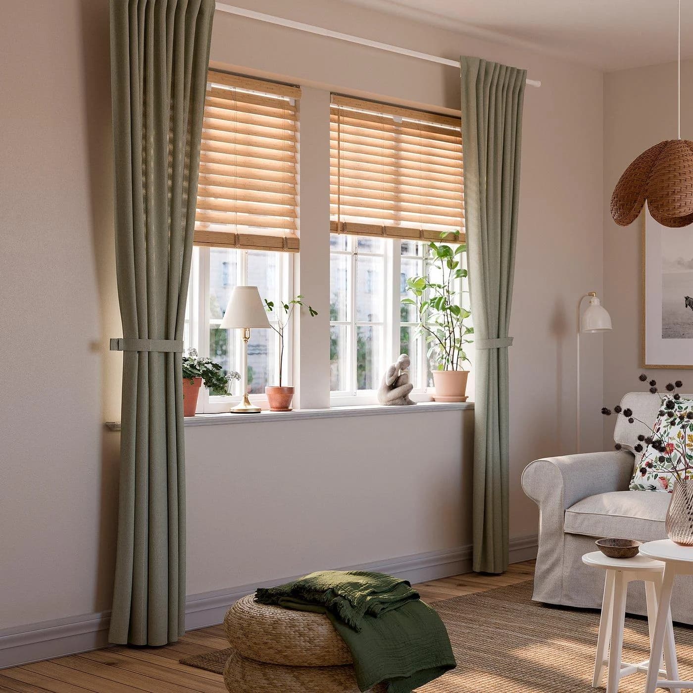 IKEA LENDA Gardine 2er Set hellgraugrün mit Gardinenband & Raffhalter