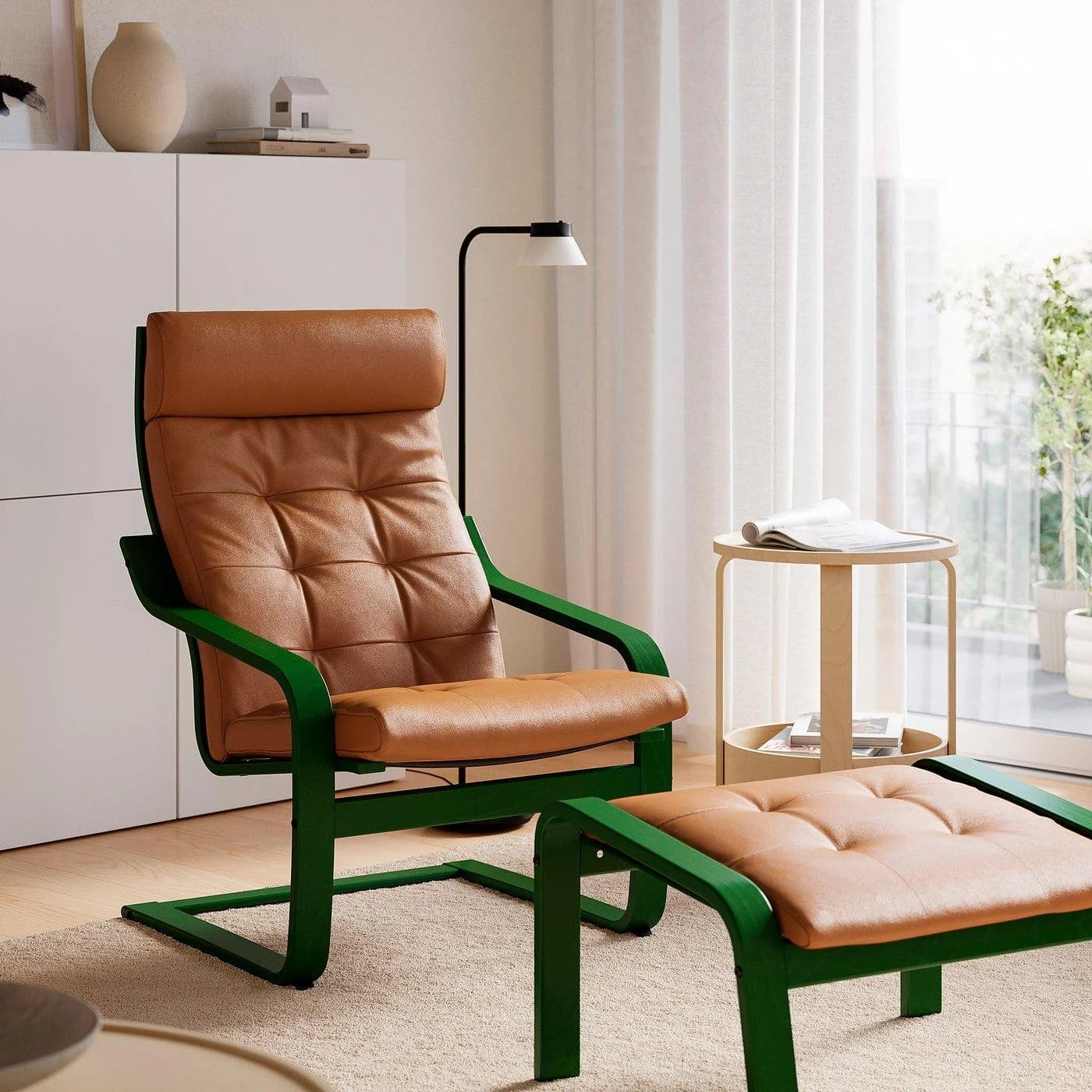 IKEA POÄNG Sessel und Hocker Dunkelgrün Braun Leder Bugholz