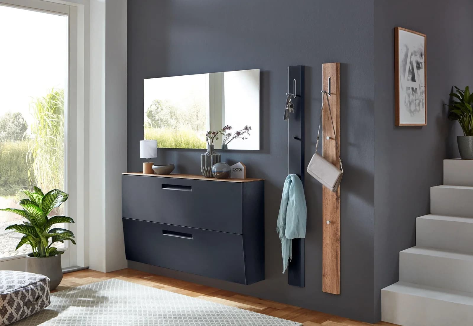 Garderobenset MONDO Mirar Anthrazit/Eiche mit Spiegel & Schuhschrank