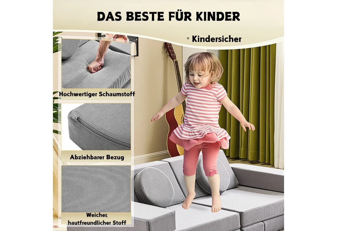 LEADZM Kindersofa Grau Modulares Spielsofa mit 12 Kissen