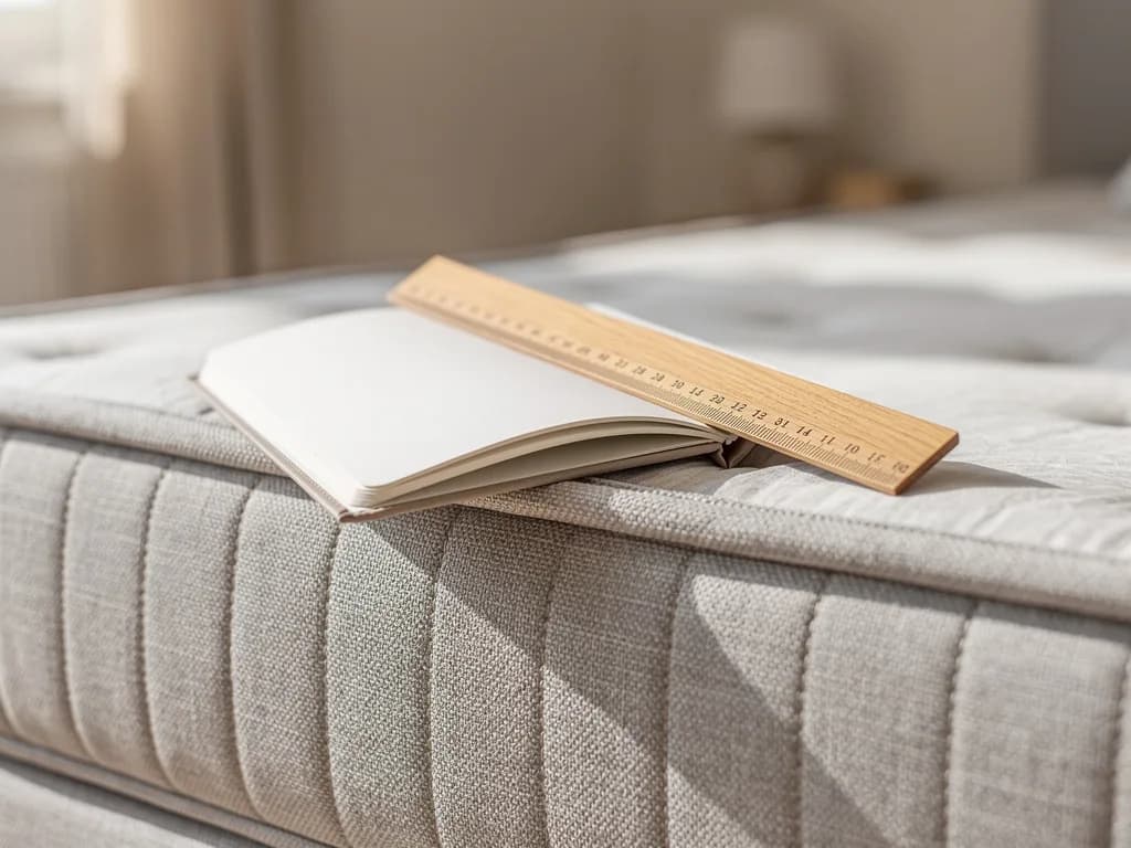 Aufgeschlagenes Notizbuch und ein Holzlineal auf der Stoffkante eines Boxspringbetts.
