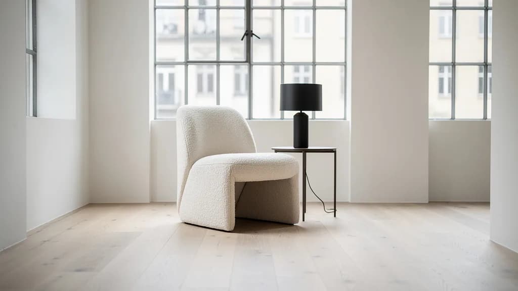 Heller Berliner Designshowroom mit einem Polsterstuhl in Bouclé und einer schlanken Tischleuchte auf Eichenboden