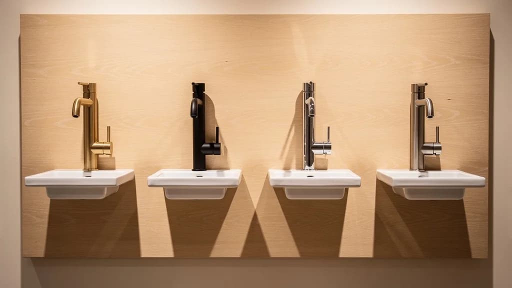 Vier Waschtischarmaturen in Messing, Mattschwarz, Chrom und Edelstahl nebeneinander an einer Eichenwand über kleinen Waschbecken.